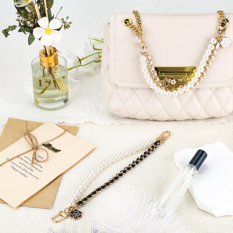 Tmtains 2Pcs Bag Extender Chain Metal Pearl Double Purse Strap Extenders for Handbags Crossbody Bag Gold Purse Extender Chain Purse Strap Replacement Black White Purse Accessories Bag Charms Mobile Phone Case - Image 2